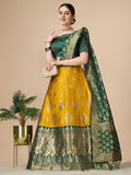 Lorenvalley Fashion Yellow Brocade Fabric Lehenga & Unstitched Blouse With Dupatta | Grocsy