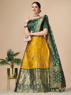 Lorenvalley Fashion Yellow Brocade Fabric Lehenga & Unstitched Blouse With Dupatta | Grocsy