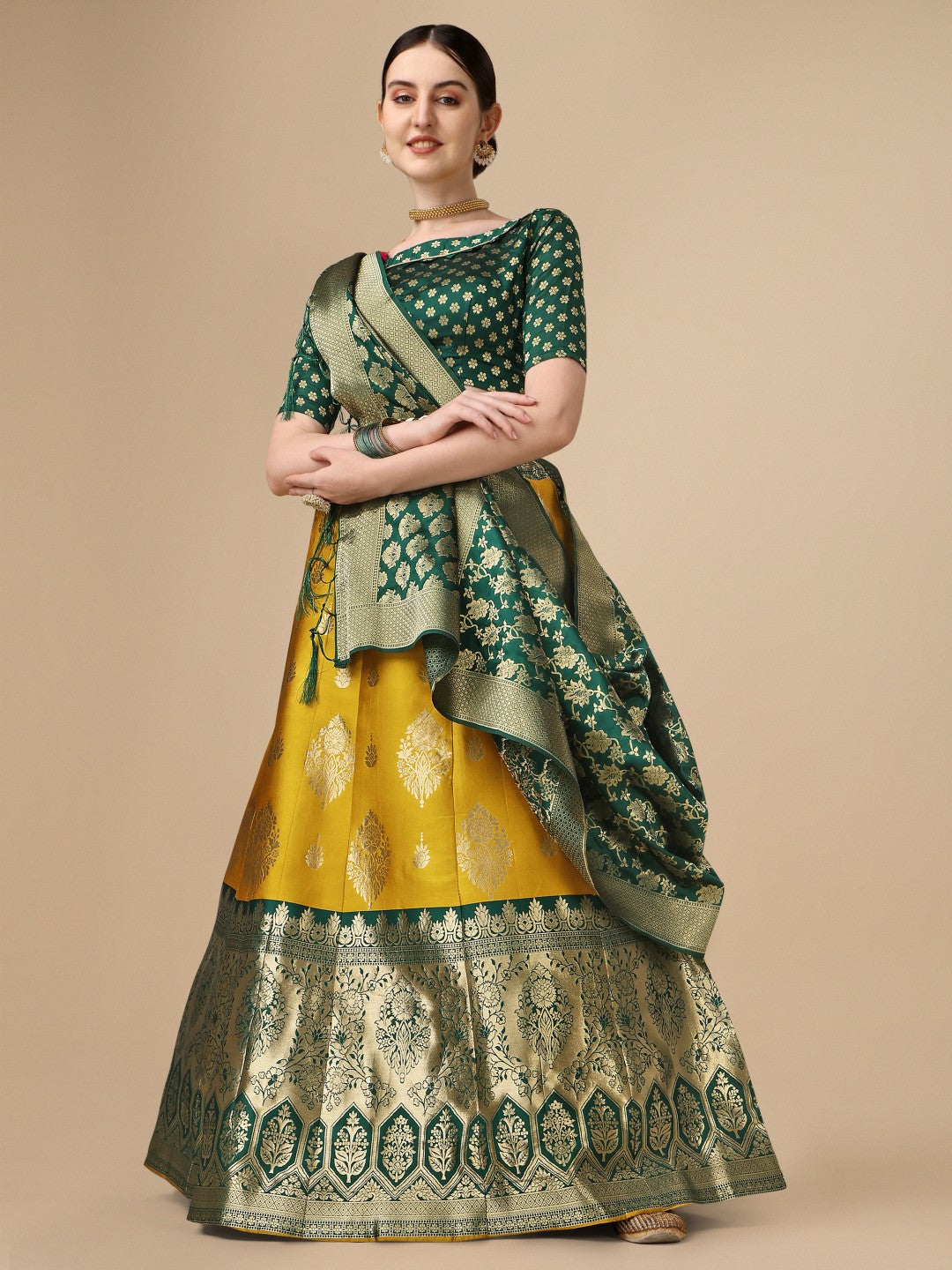 Lorenvalley Fashion Yellow Brocade Fabric Lehenga & Unstitched Blouse With Dupatta | Grocsy