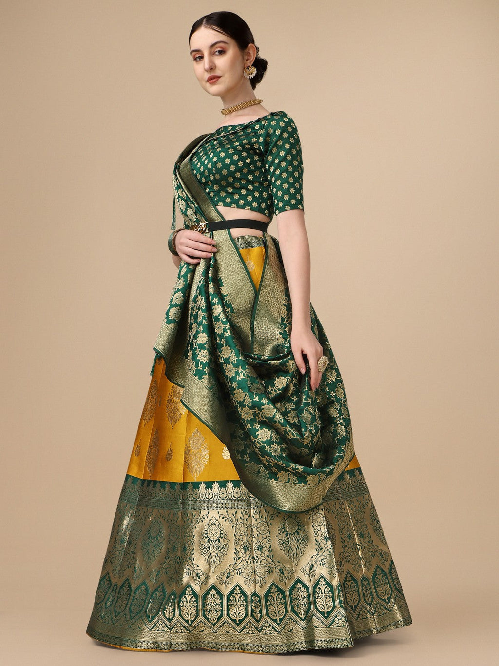 Lorenvalley Fashion Yellow Brocade Fabric Lehenga & Unstitched Blouse With Dupatta | Grocsy