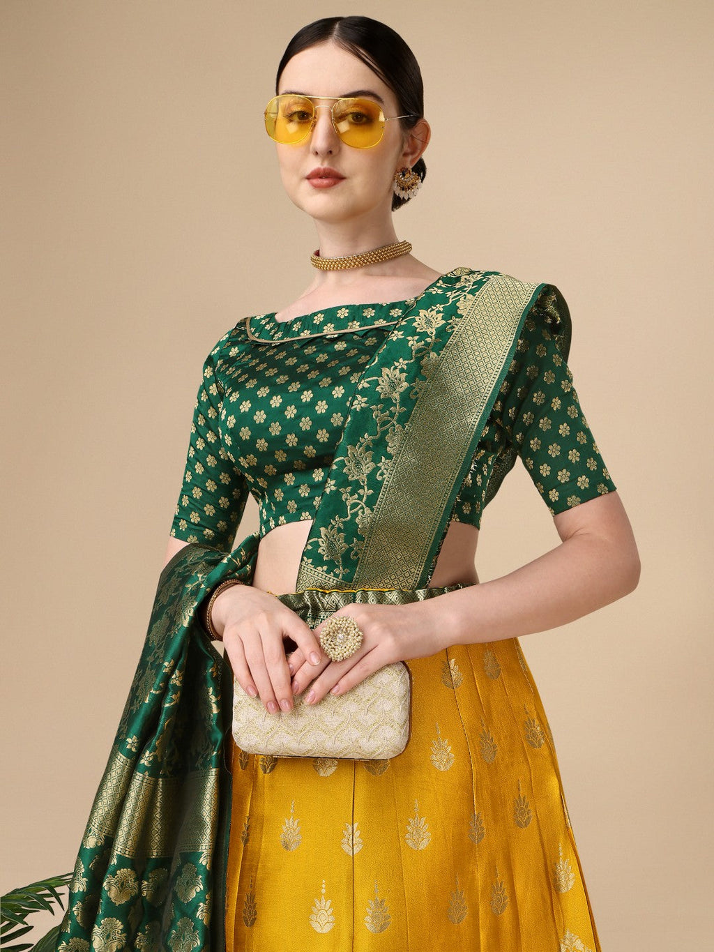 Lorenvalley Fashion Yellow Brocade Fabric Lehenga & Unstitched Blouse With Dupatta | Grocsy