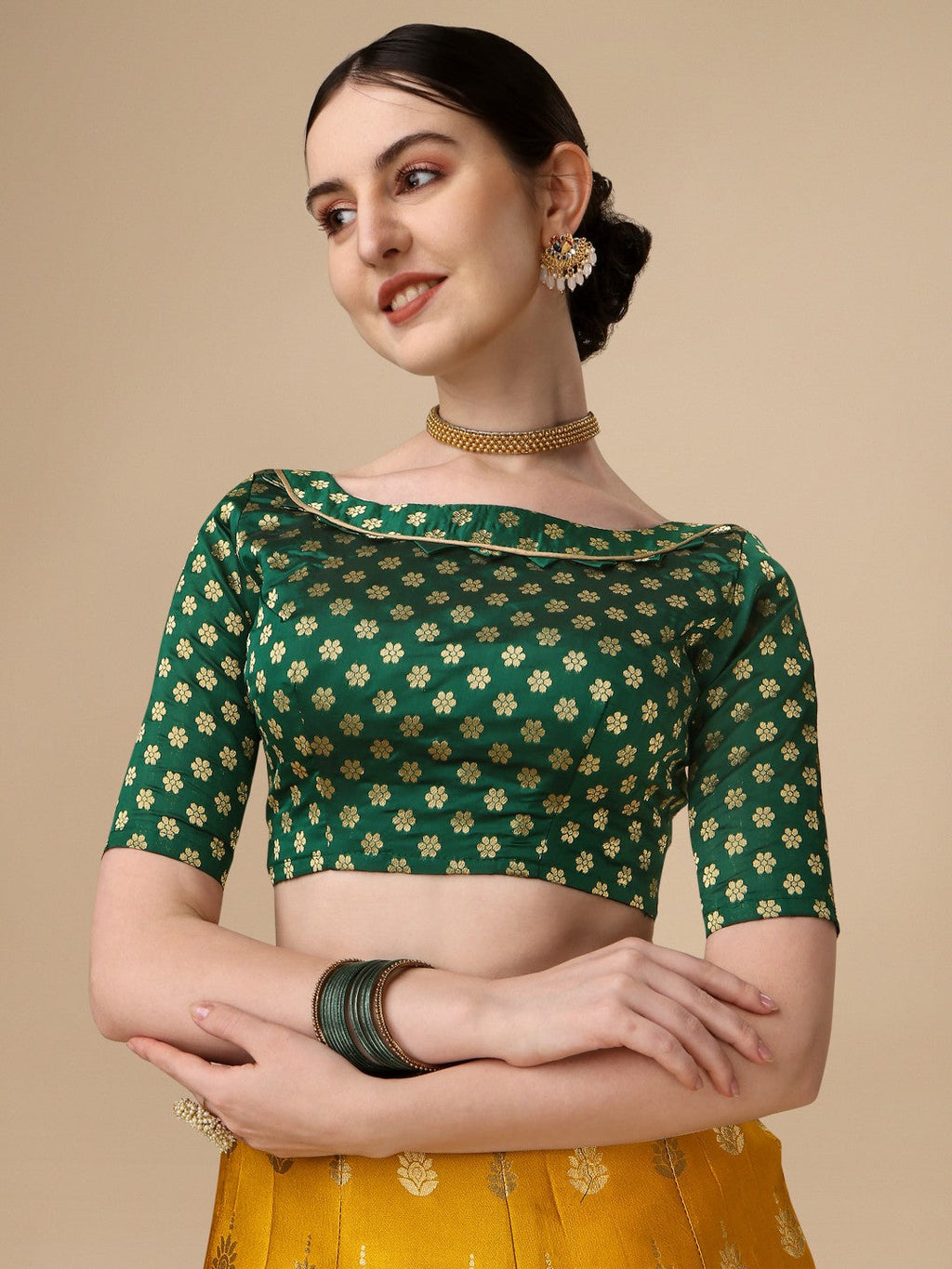 Lorenvalley Fashion Yellow Brocade Fabric Lehenga & Unstitched Blouse With Dupatta | Grocsy