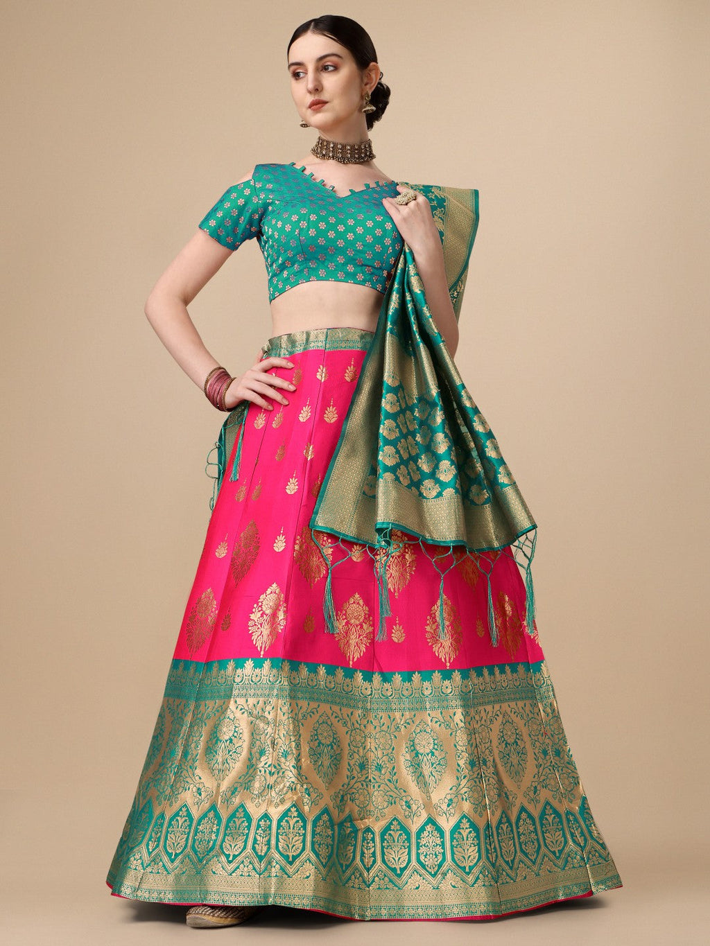 Lorenvalley Fashion Pink Brocade Fabric Lehenga & Unstitched Blouse With Dupatta | Grocsy