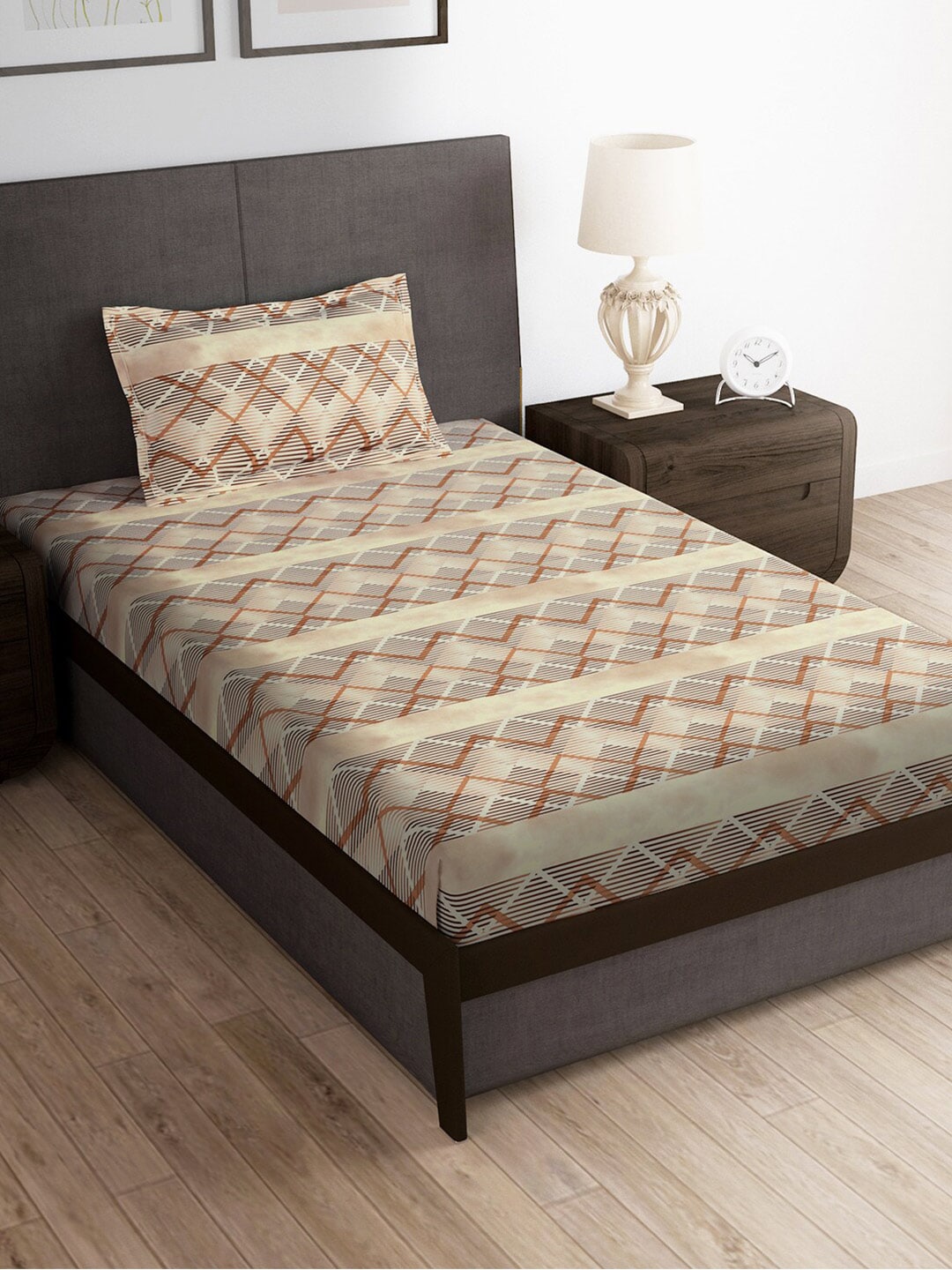 Story@home Brown & White Striped Microfiber 180 TC Bedsheet With Pillow Cover | Grocsy