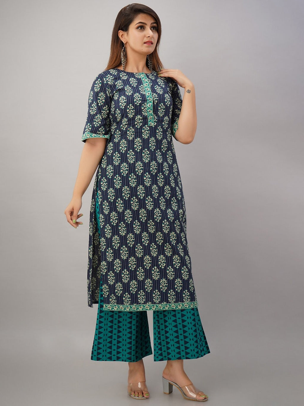 HERE&NOW Turquoise Blue Floral Printed Regular Kurta with Palazzos | Grocsy