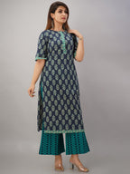 HERE&NOW Turquoise Blue Floral Printed Regular Kurta with Palazzos | Grocsy