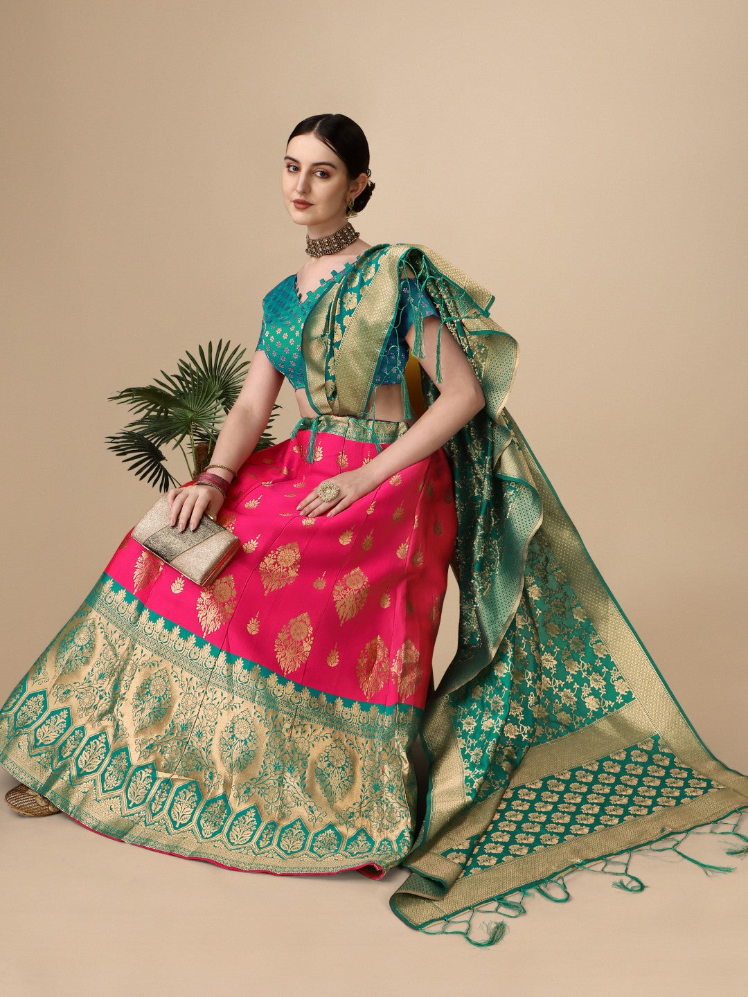 Lorenvalley Fashion Pink Brocade Fabric Lehenga & Unstitched Blouse With Dupatta | Grocsy