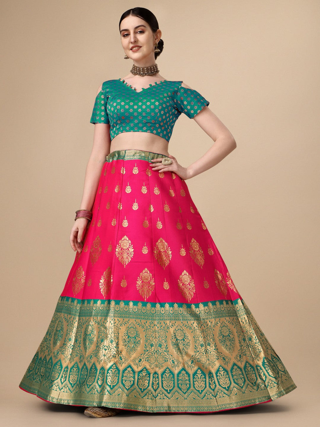 Lorenvalley Fashion Pink Brocade Fabric Lehenga & Unstitched Blouse With Dupatta | Grocsy