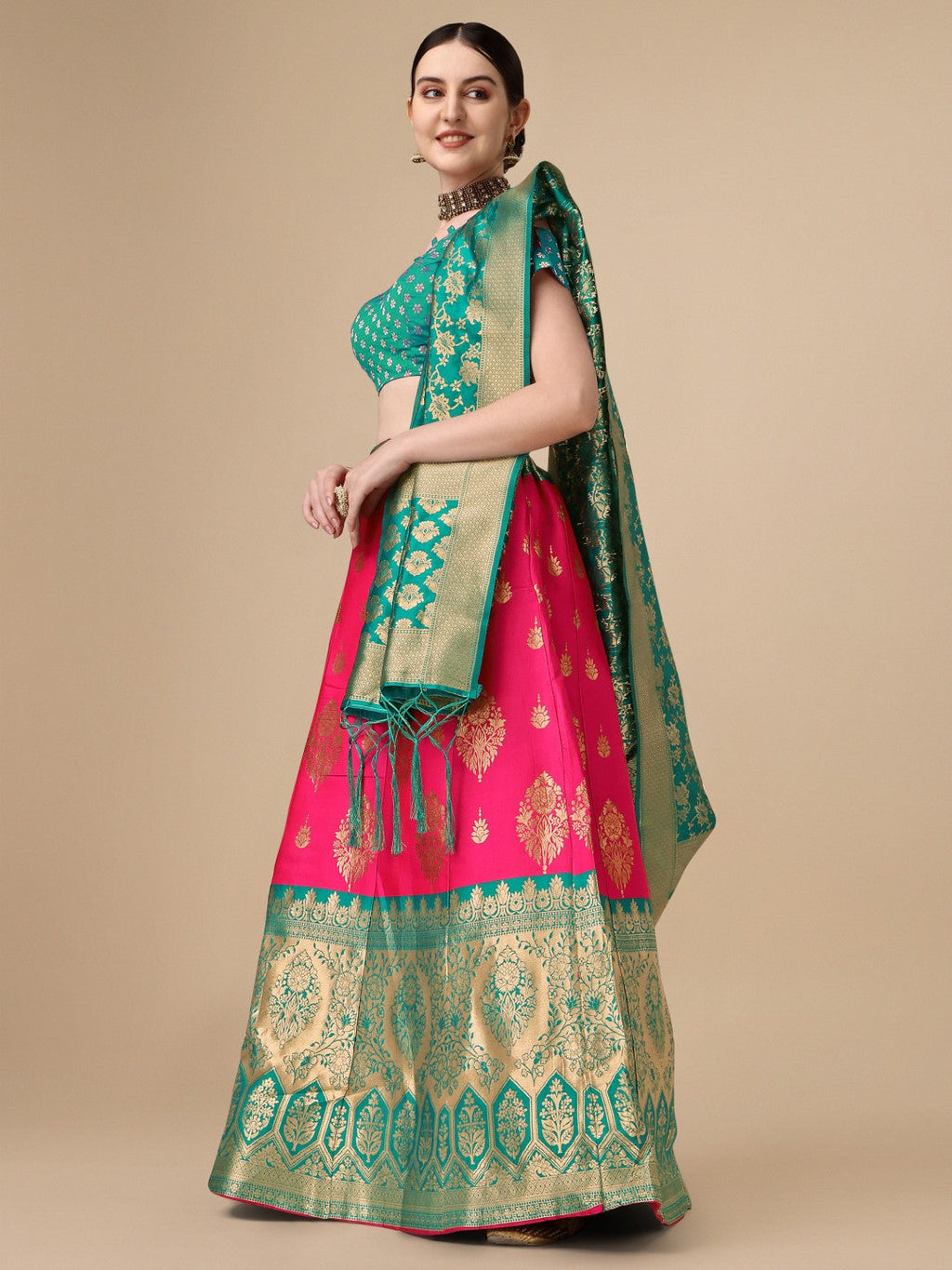 Lorenvalley Fashion Pink Brocade Fabric Lehenga & Unstitched Blouse With Dupatta | Grocsy