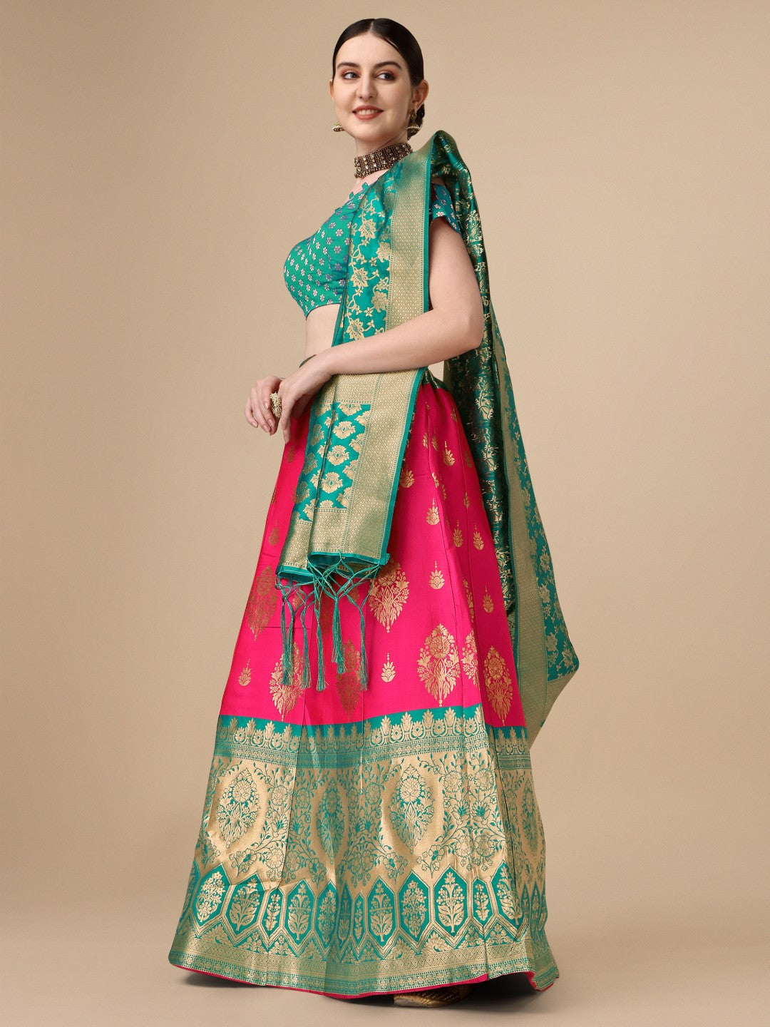 Lorenvalley Fashion Pink Brocade Fabric Lehenga & Unstitched Blouse With Dupatta | Grocsy