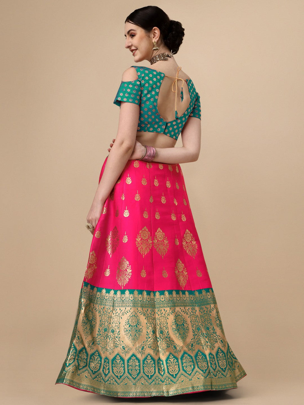 Lorenvalley Fashion Pink Brocade Fabric Lehenga & Unstitched Blouse With Dupatta | Grocsy