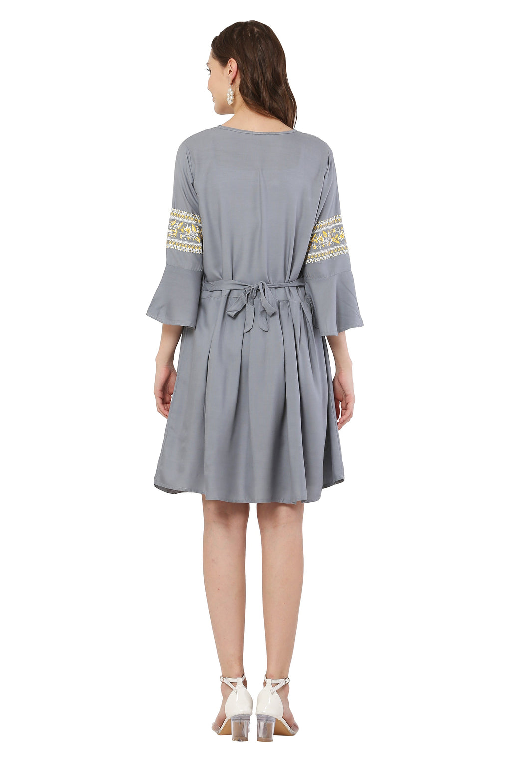 PAVONINE Grey Color Rayon Fabric Printed Short Midi For Girls | Grocsy