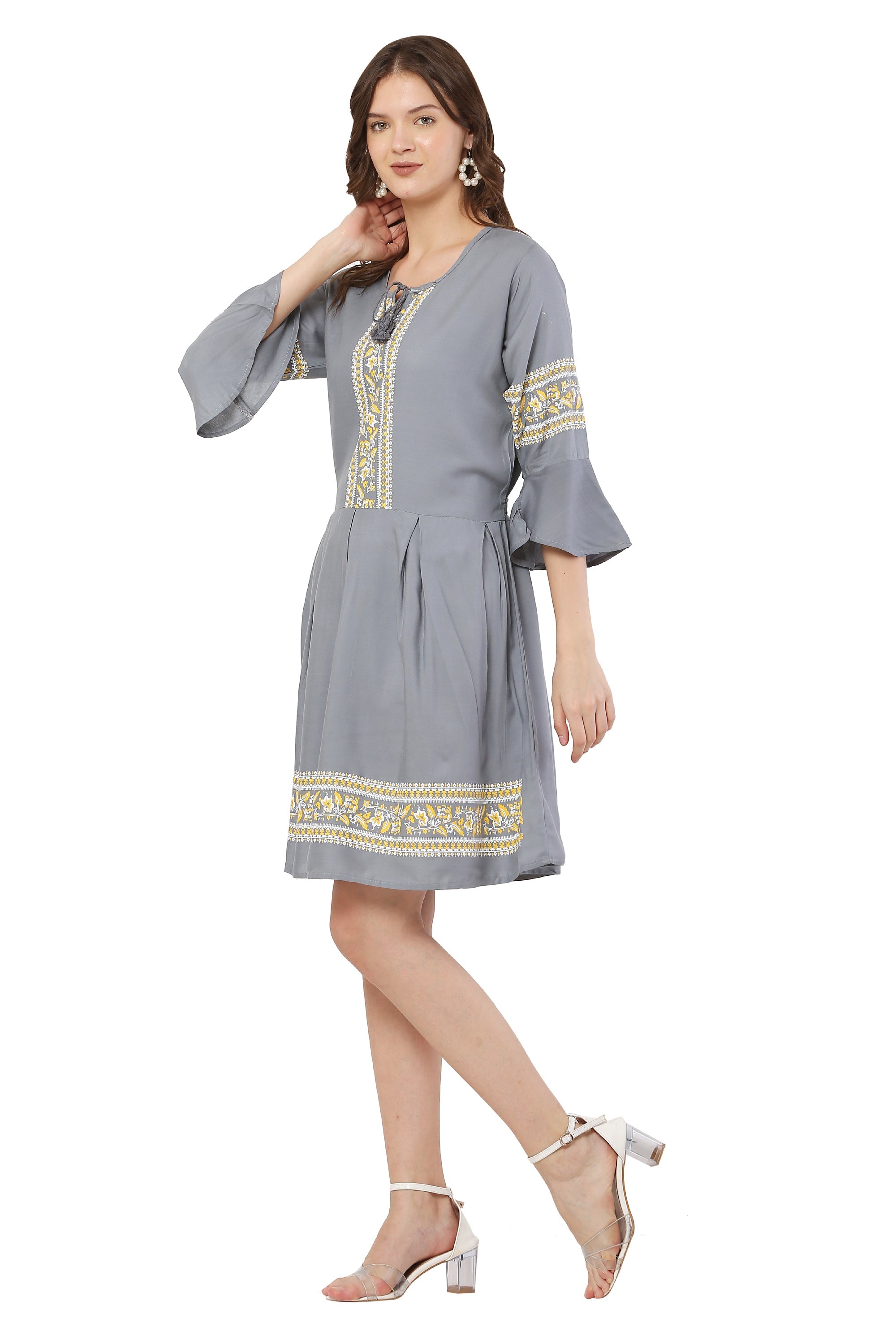 PAVONINE Grey Color Rayon Fabric Printed Short Midi For Girls | Grocsy