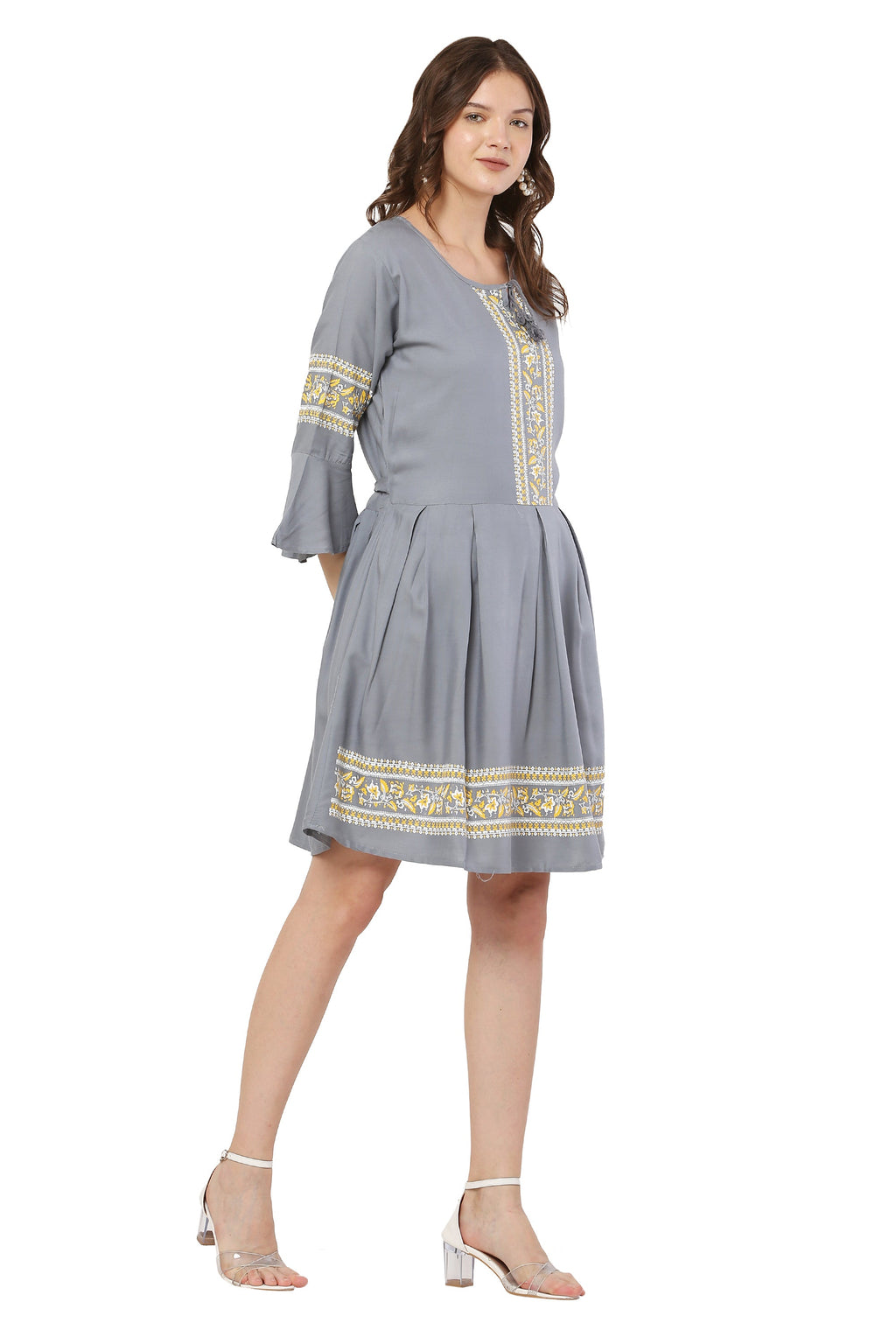 PAVONINE Grey Color Rayon Fabric Printed Short Midi For Girls | Grocsy