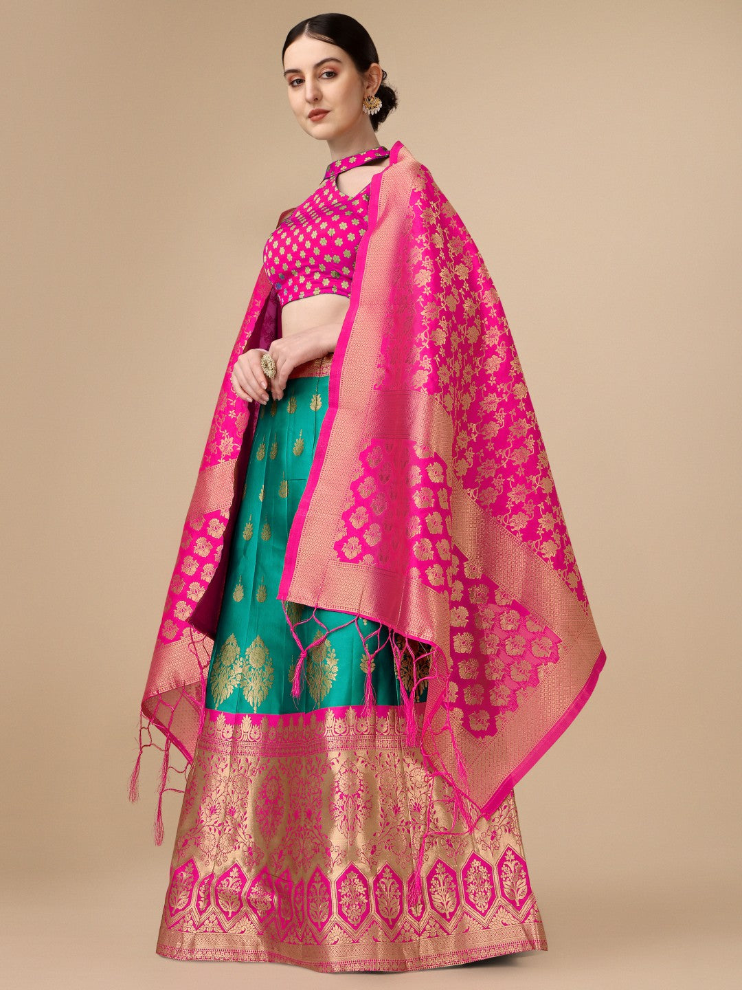 Lorenvalley Fashion Rama Brocade Fabric Lehenga & Unstitched Blouse With Dupatta | Grocsy