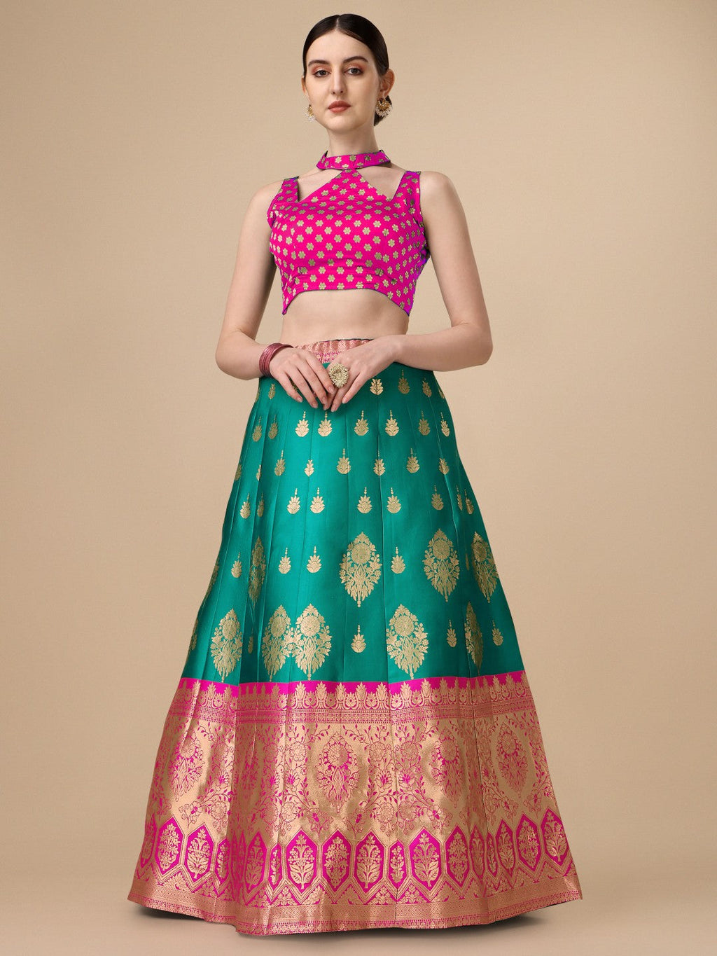 Lorenvalley Fashion Rama Brocade Fabric Lehenga & Unstitched Blouse With Dupatta | Grocsy