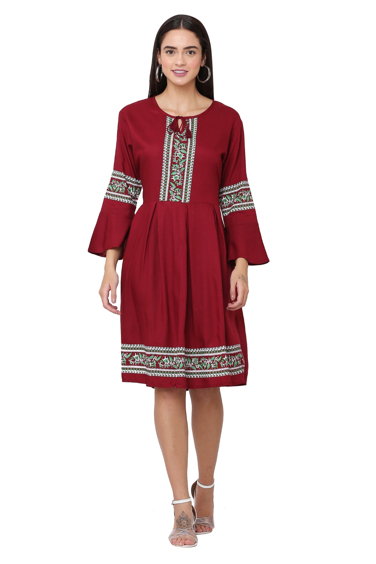 PAVONINE Maroon Color Rayon Fabric Printed Short Midi For Girls | Grocsy