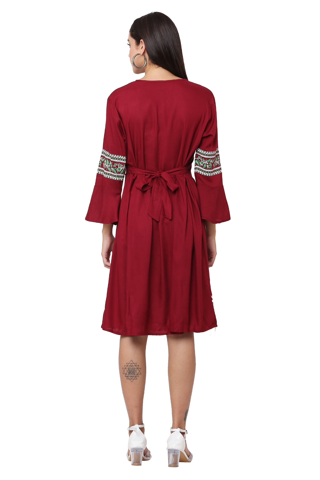 PAVONINE Maroon Color Rayon Fabric Printed Short Midi For Girls | Grocsy