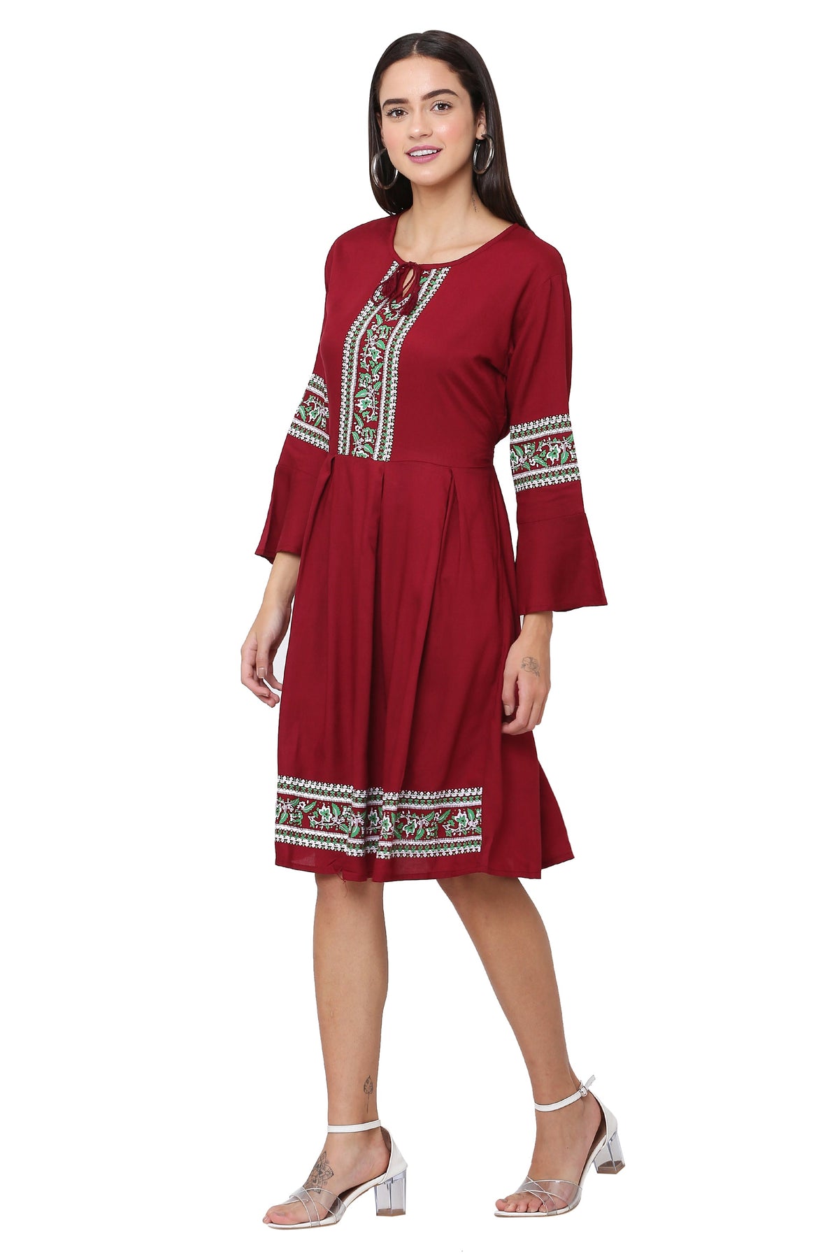 PAVONINE Maroon Color Rayon Fabric Printed Short Midi For Girls | Grocsy