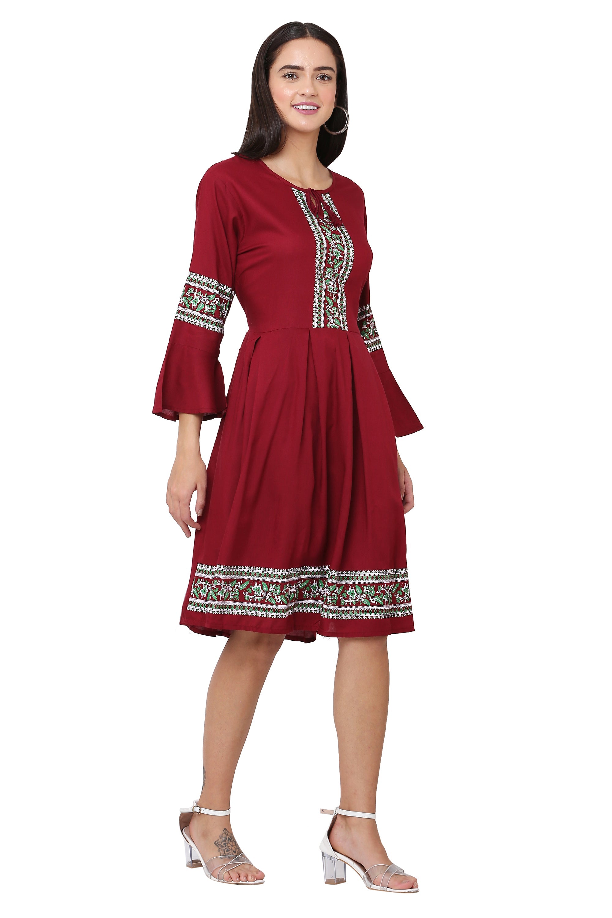 PAVONINE Maroon Color Rayon Fabric Printed Short Midi For Girls | Grocsy