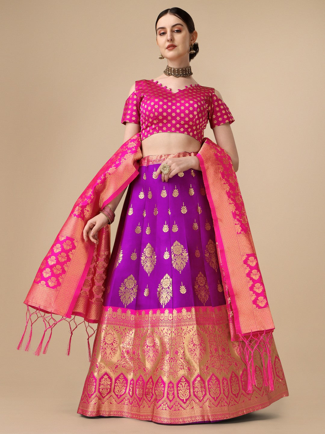 Lorenvalley Fashion Purple Brocade Fabric Lehenga & Unstitched Blouse With Dupatta | Grocsy
