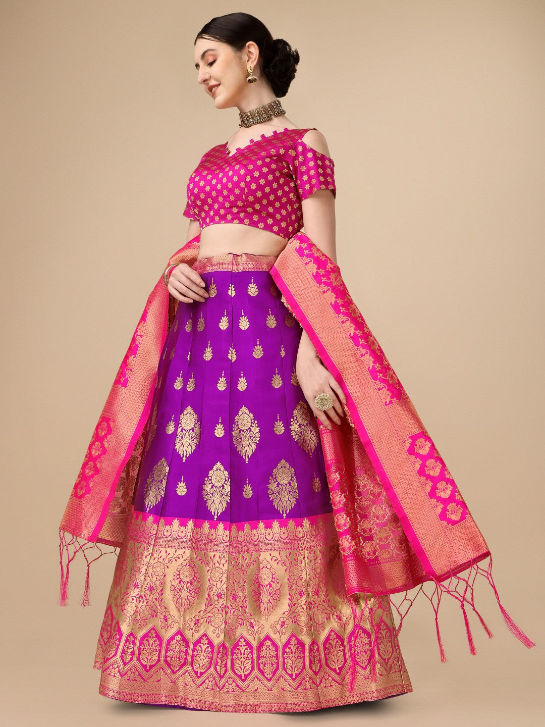 Lorenvalley Fashion Purple Brocade Fabric Lehenga & Unstitched Blouse With Dupatta | Grocsy