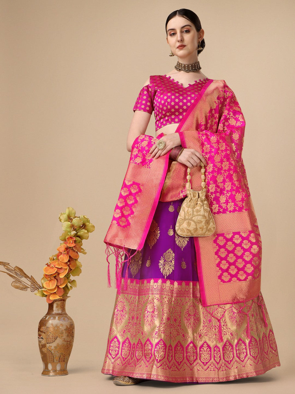 Lorenvalley Fashion Purple Brocade Fabric Lehenga & Unstitched Blouse With Dupatta | Grocsy
