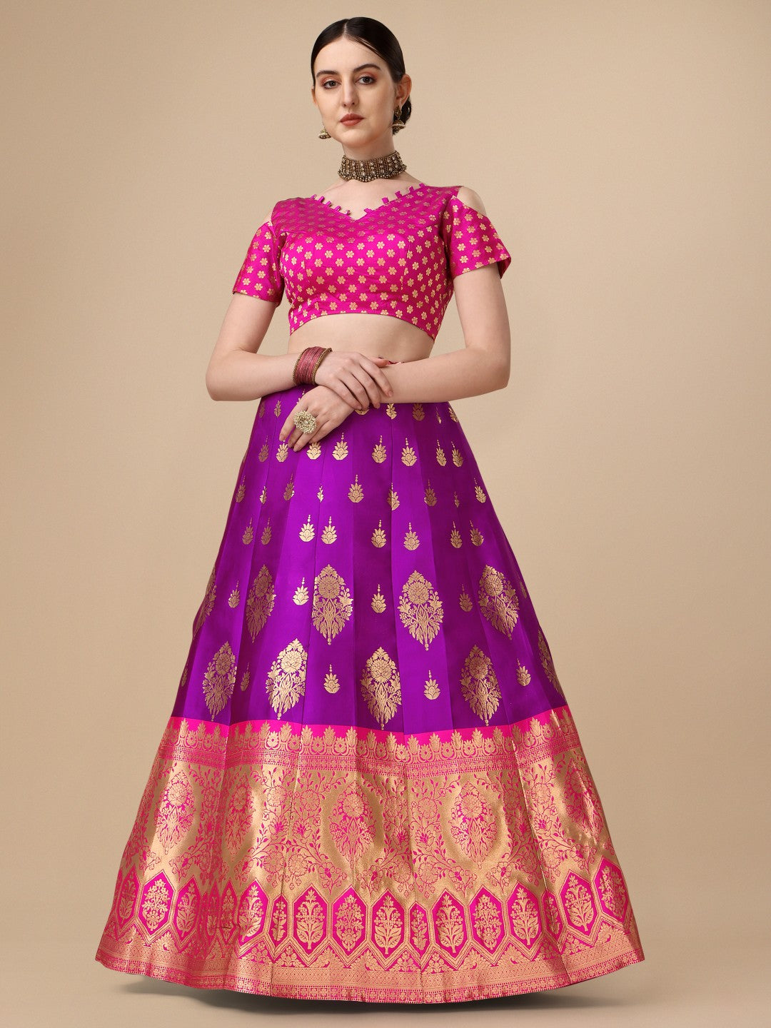 Lorenvalley Fashion Purple Brocade Fabric Lehenga & Unstitched Blouse With Dupatta | Grocsy