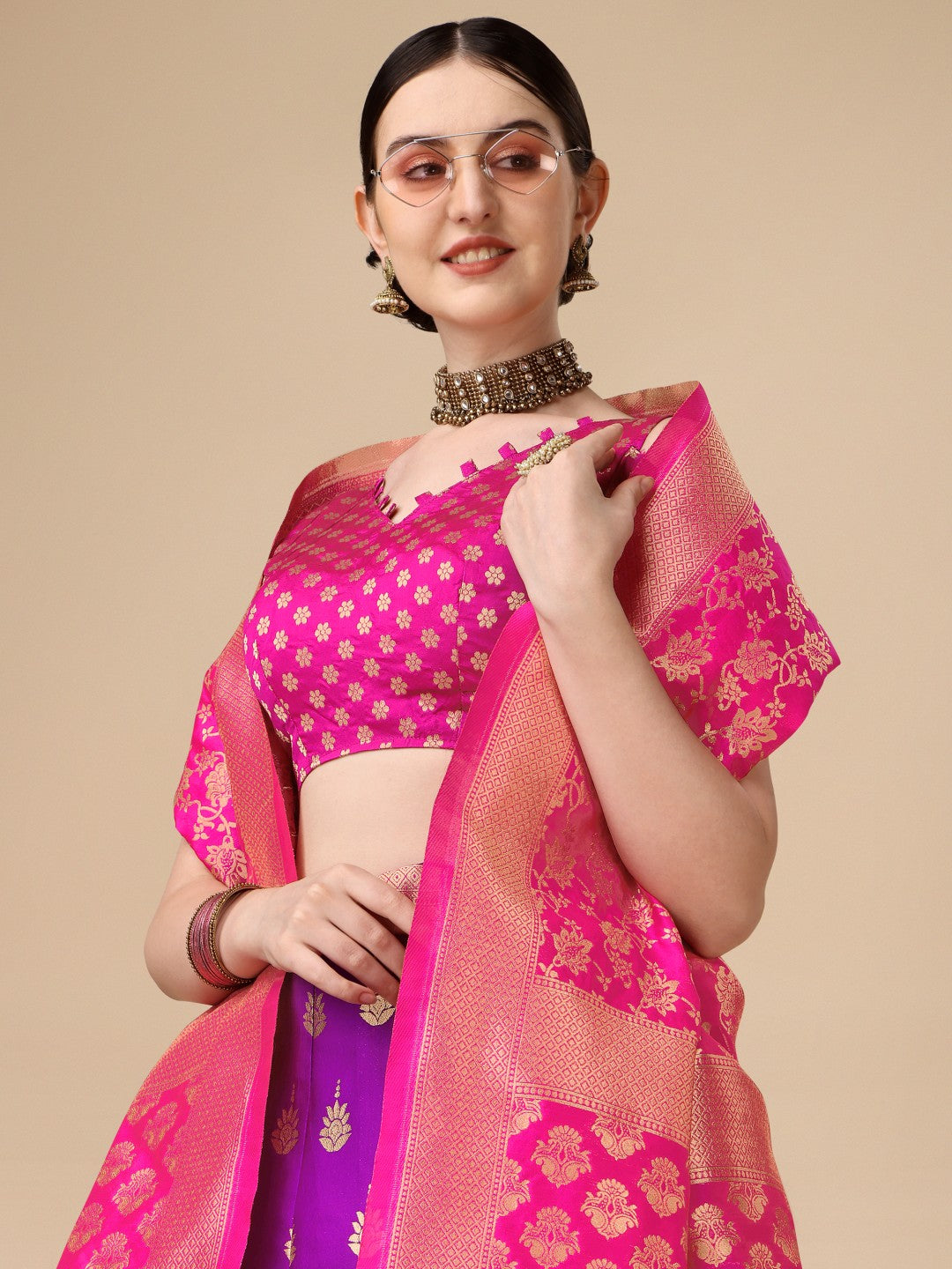 Lorenvalley Fashion Purple Brocade Fabric Lehenga & Unstitched Blouse With Dupatta | Grocsy
