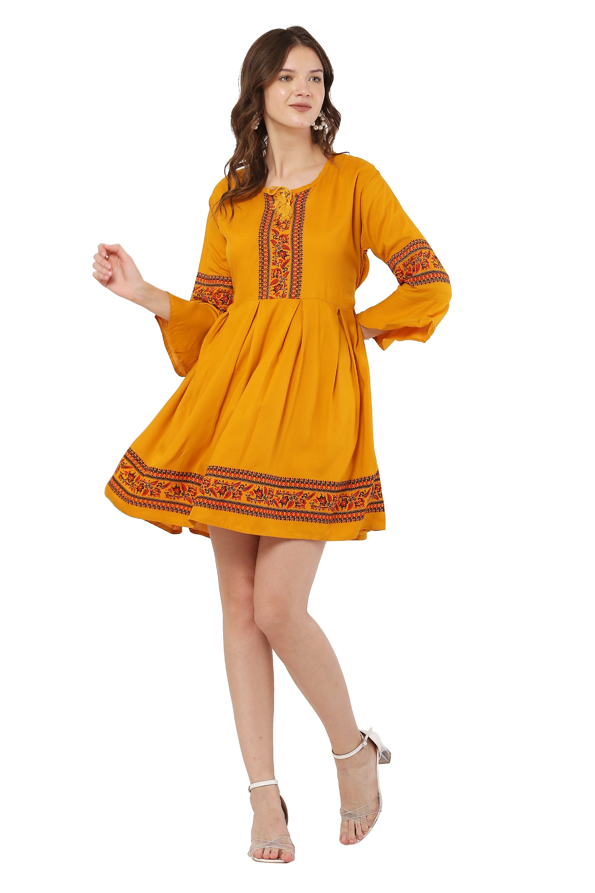 PAVONINE Mustard Color Rayon Fabric Printed Short Midi For Girls | Grocsy