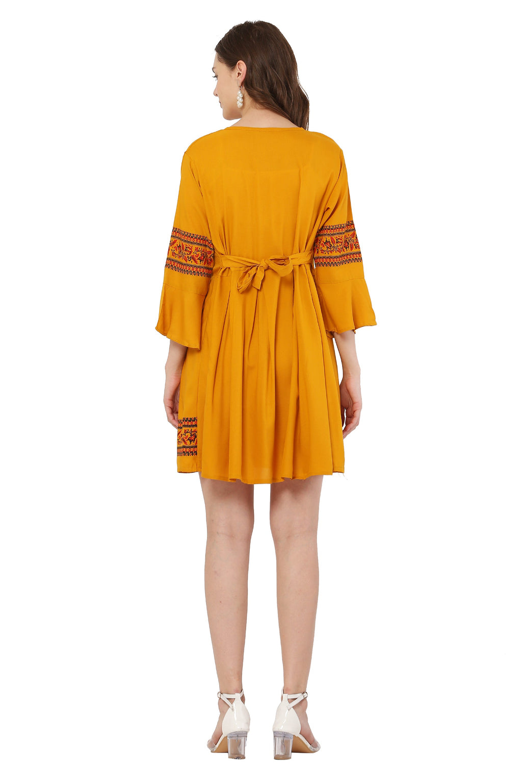 PAVONINE Mustard Color Rayon Fabric Printed Short Midi For Girls | Grocsy