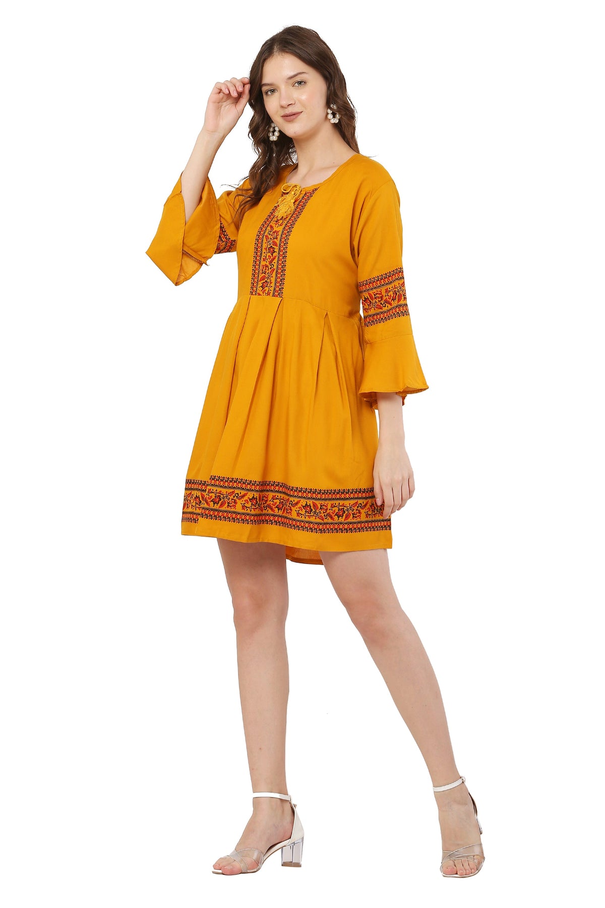 PAVONINE Mustard Color Rayon Fabric Printed Short Midi For Girls | Grocsy