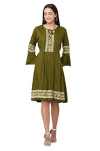 PAVONINE Mehandi Green Color Rayon Fabric Printed Short Midi For Girls | Grocsy