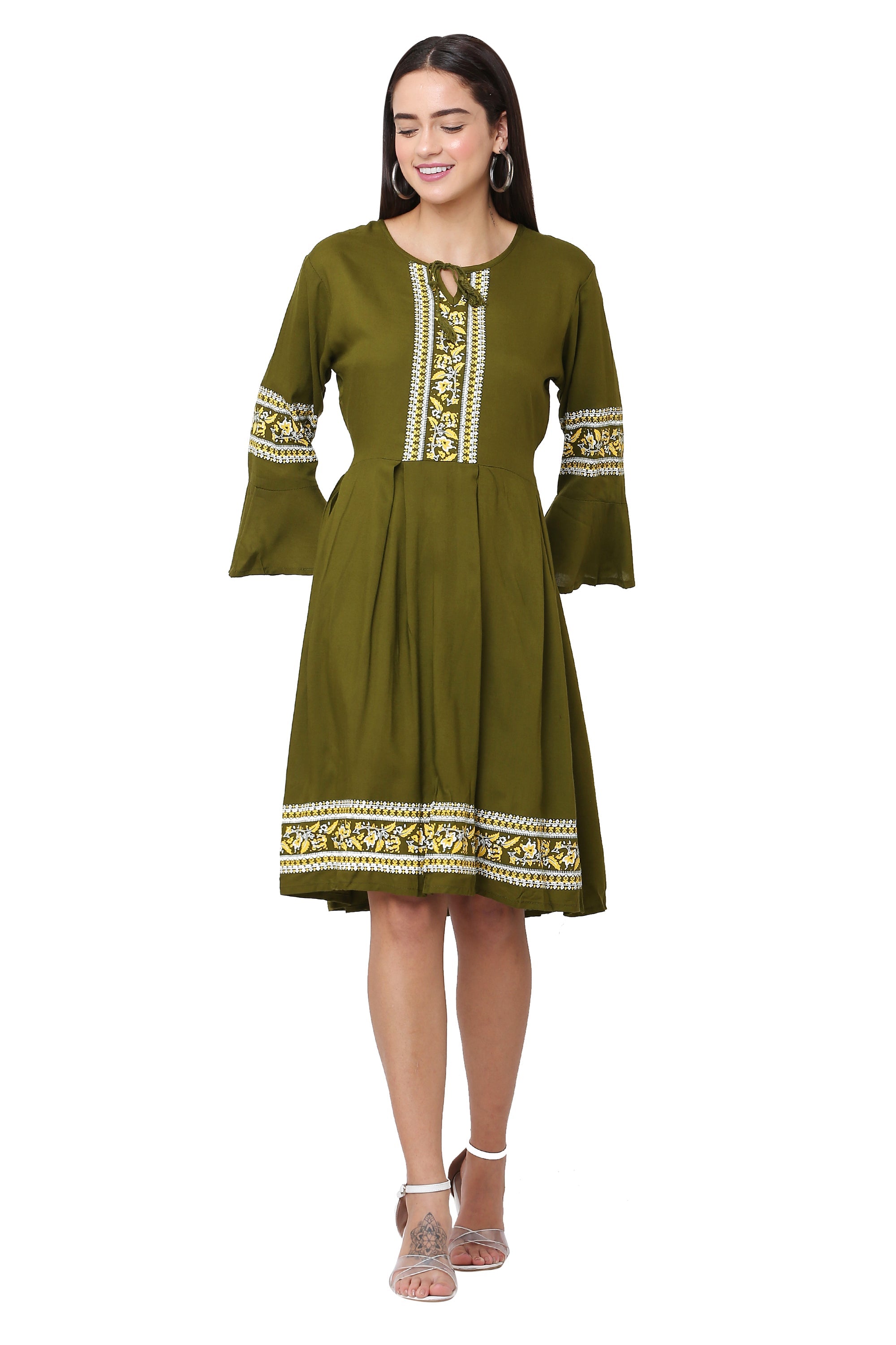 PAVONINE Mehandi Green Color Rayon Fabric Printed Short Midi For Girls | Grocsy