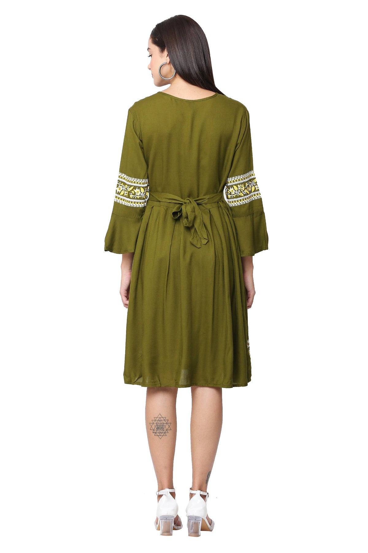 PAVONINE Mehandi Green Color Rayon Fabric Printed Short Midi For Girls | Grocsy