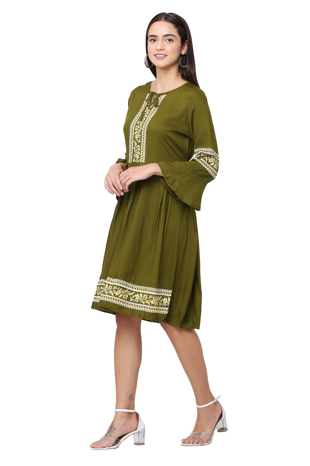 PAVONINE Mehandi Green Color Rayon Fabric Printed Short Midi For Girls | Grocsy