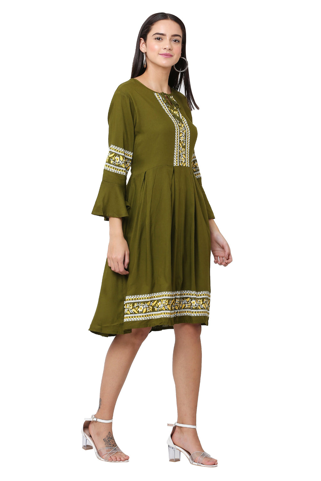 PAVONINE Mehandi Green Color Rayon Fabric Printed Short Midi For Girls | Grocsy