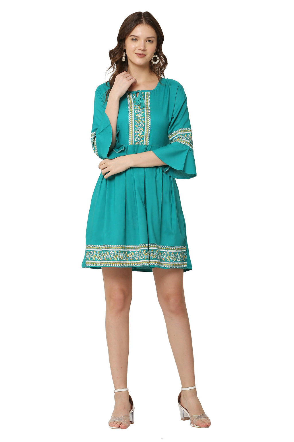 PAVONINE Rama Color Rayon Fabric Printed Short Midi For Girls | Grocsy