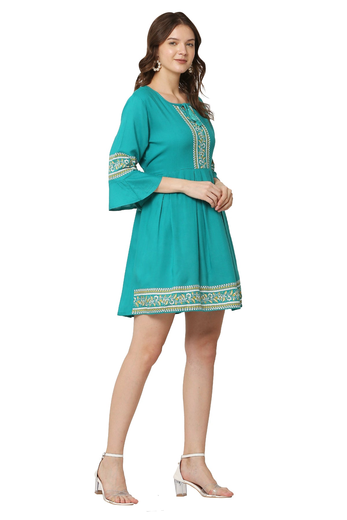 PAVONINE Rama Color Rayon Fabric Printed Short Midi For Girls | Grocsy