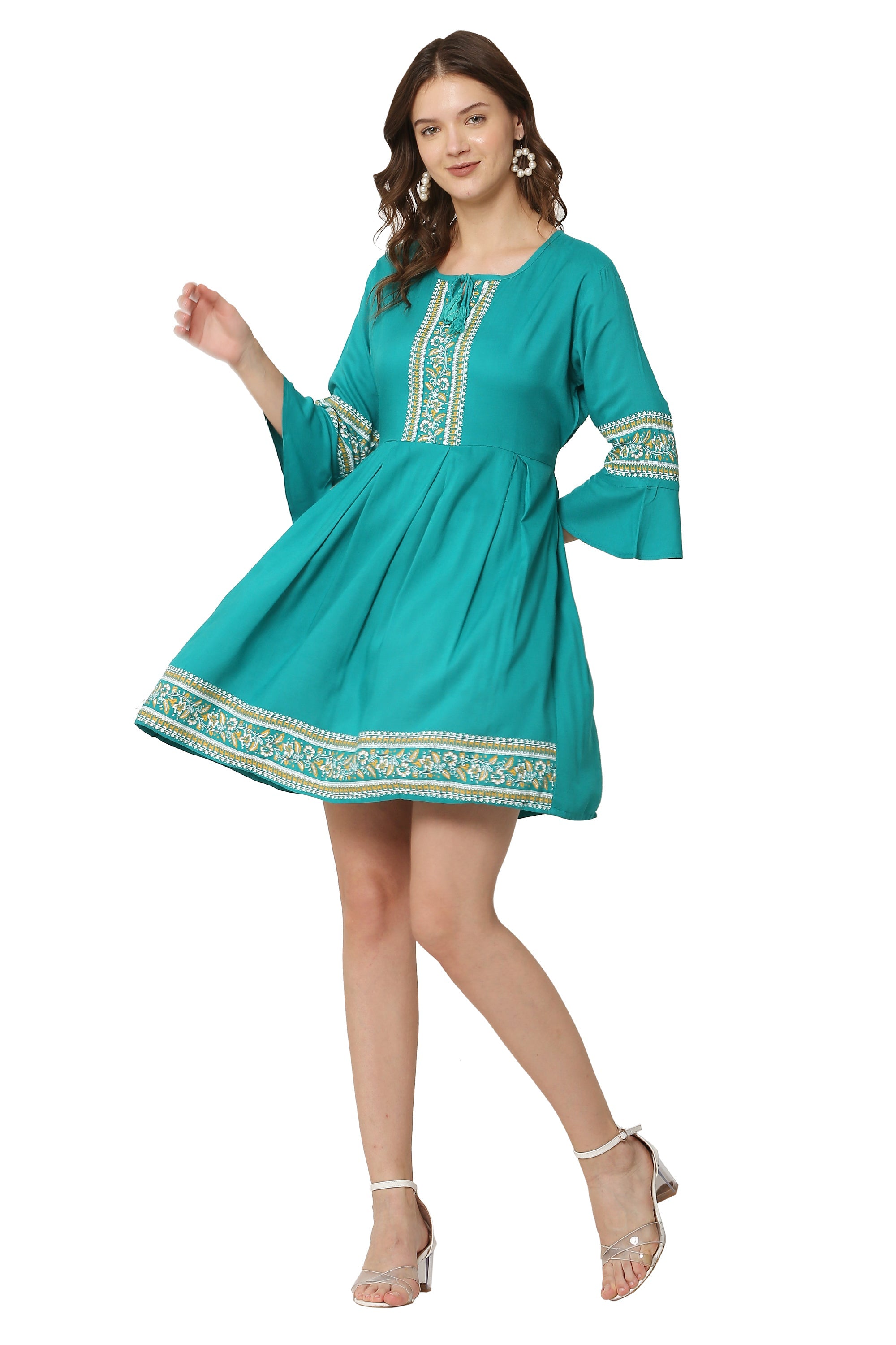 PAVONINE Rama Color Rayon Fabric Printed Short Midi For Girls | Grocsy