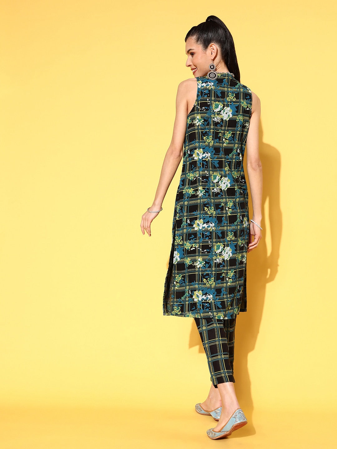 Sangria Women Ink Black Printed Parade Pure Cotton Kurta with Trousers | Grocsy