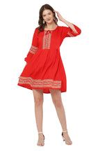 PAVONINE Red Color Rayon Fabric Printed Short Midi For Girls | Grocsy