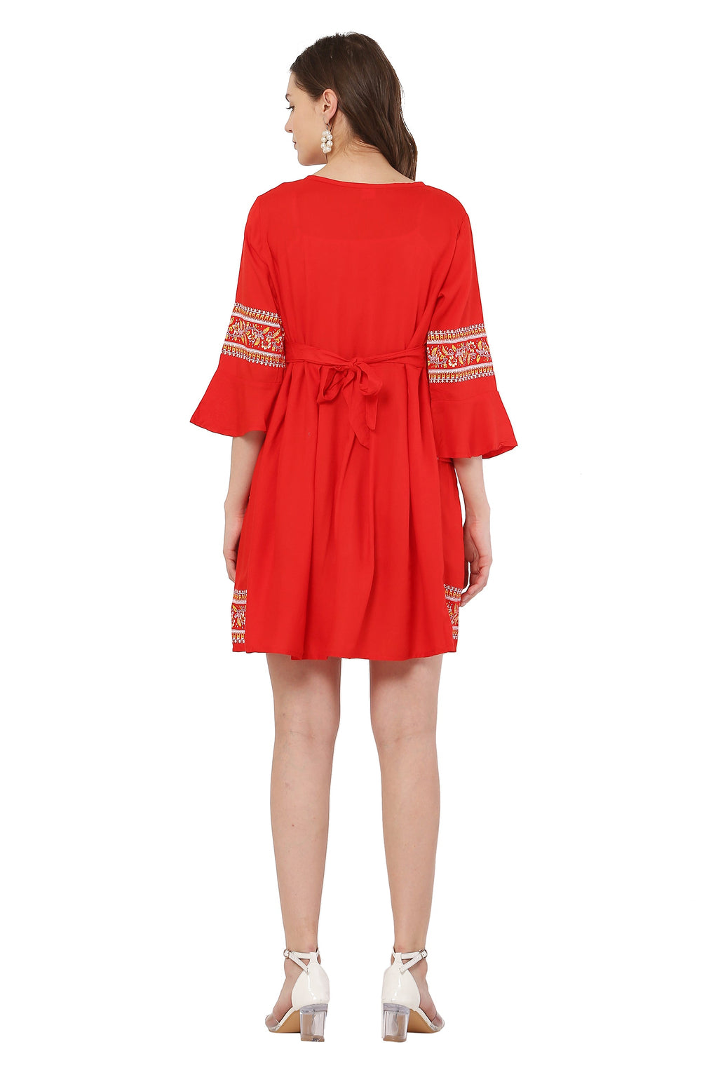 PAVONINE Red Color Rayon Fabric Printed Short Midi For Girls | Grocsy