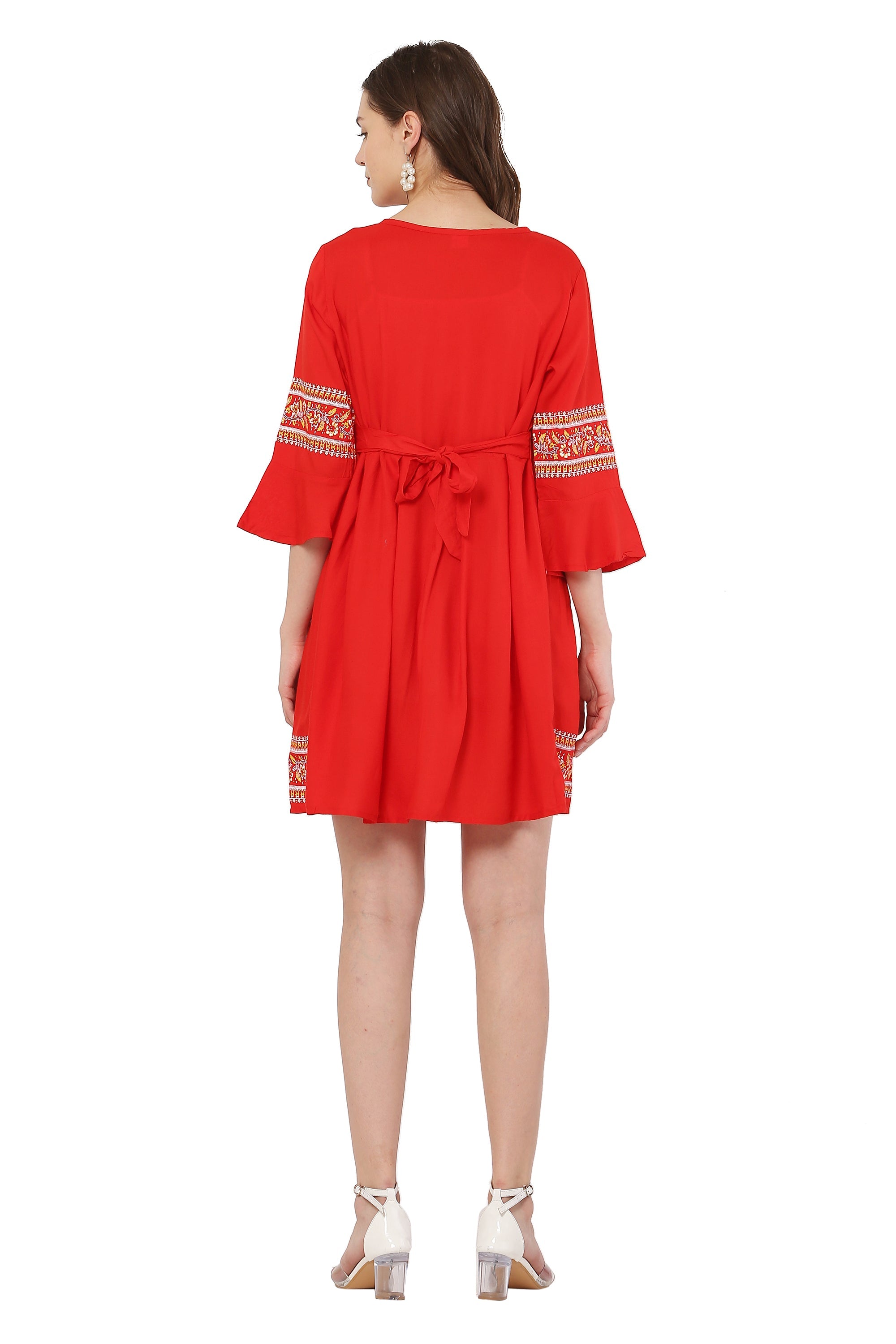 PAVONINE Red Color Rayon Fabric Printed Short Midi For Girls | Grocsy