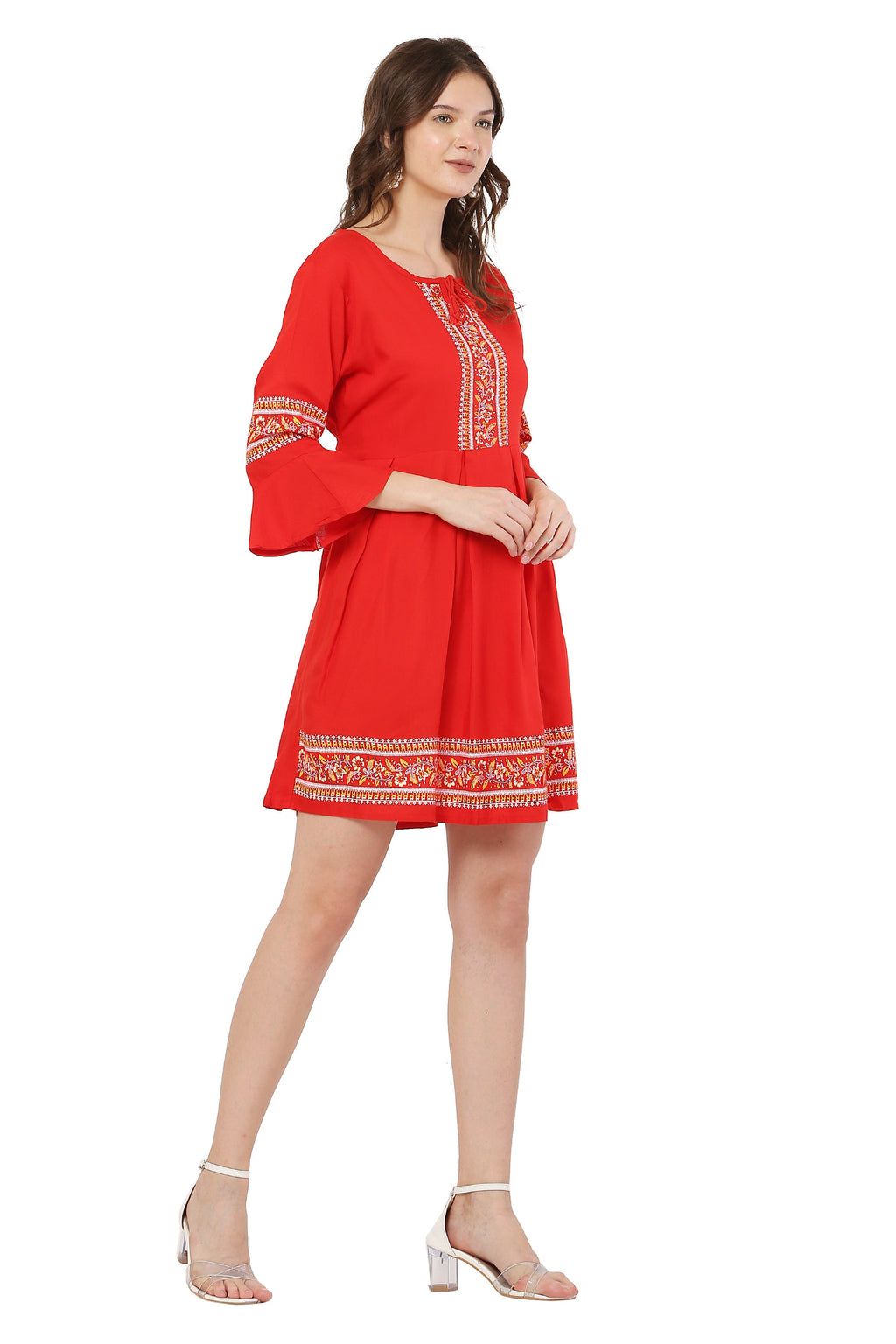 PAVONINE Red Color Rayon Fabric Printed Short Midi For Girls | Grocsy