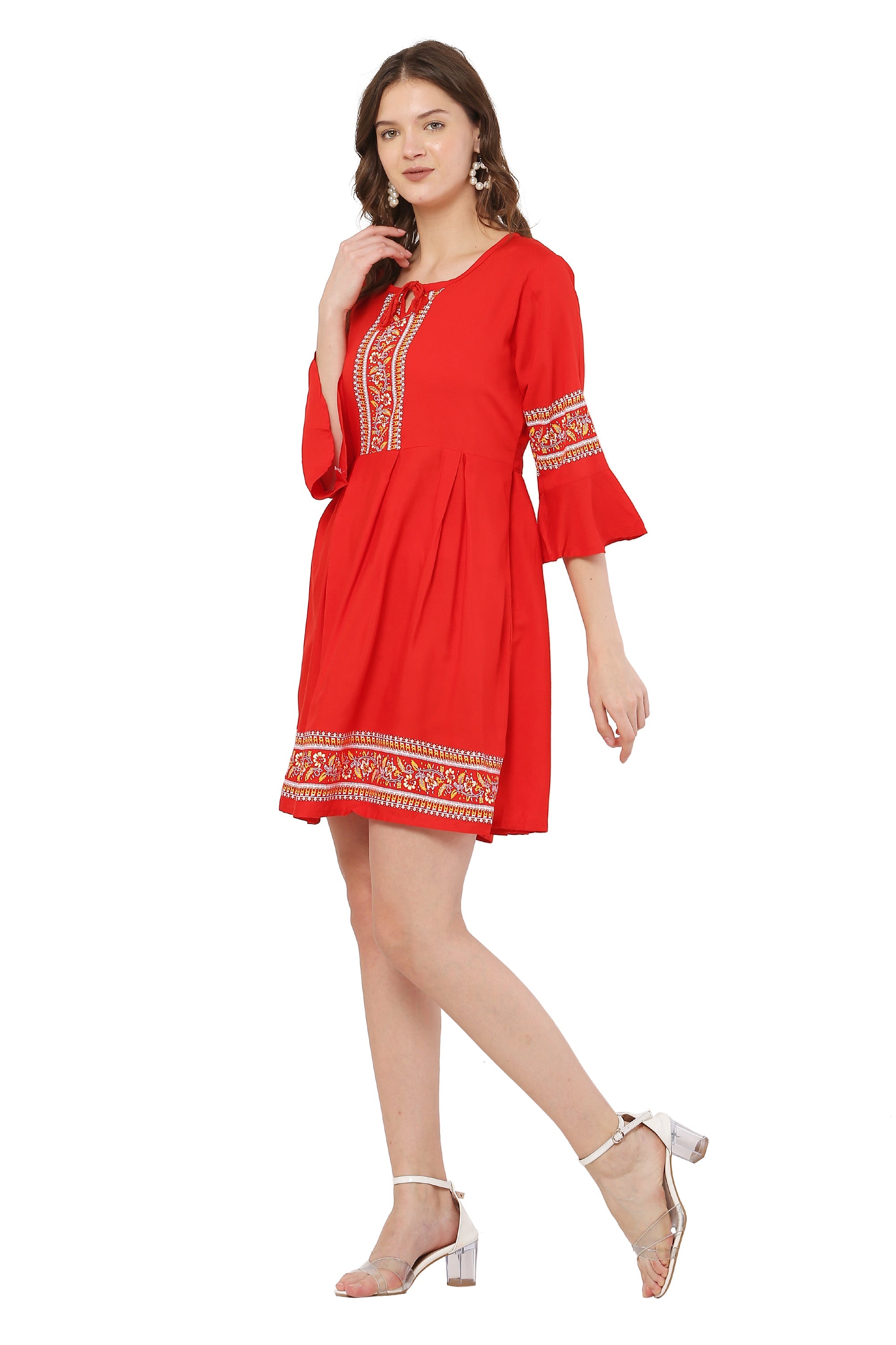 PAVONINE Red Color Rayon Fabric Printed Short Midi For Girls | Grocsy