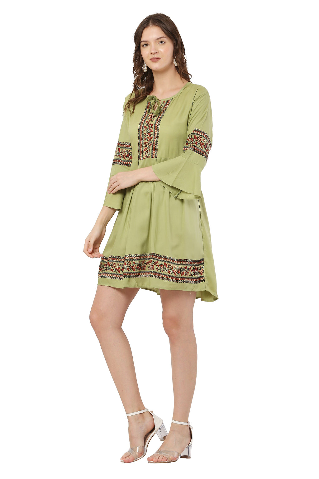 PAVONINE Pista Color Rayon Fabric Printed Short Midi For Girls | Grocsy