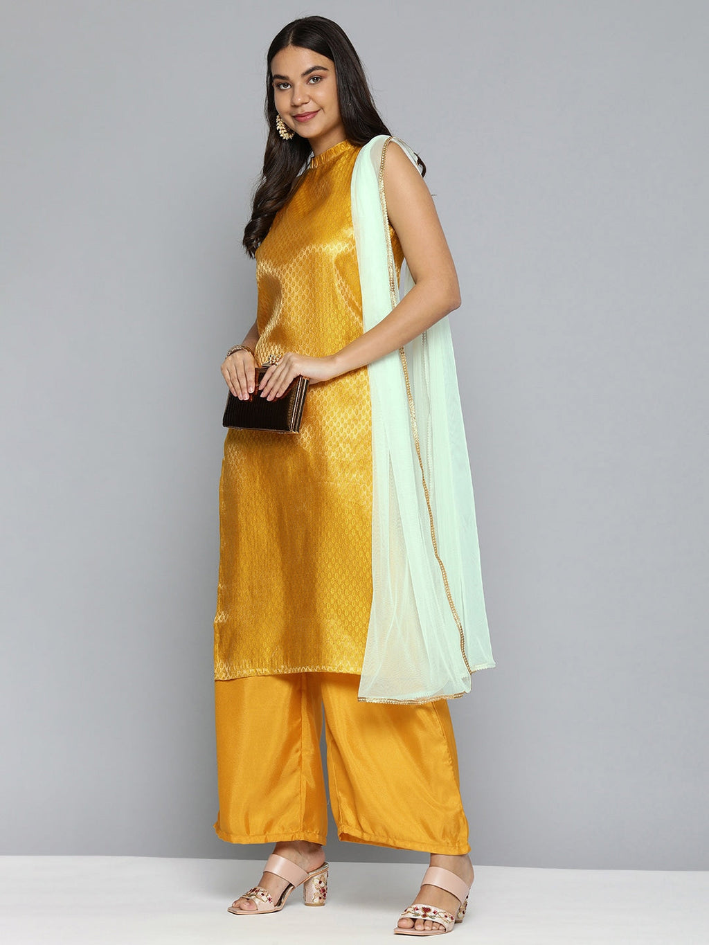 HERE&NOW Women Mustard Yellow Ethnic Motifs Kurta with Palazzos & With Dupatta | Grocsy