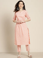Sangria Women Peach-Coloured & White Ethnic Printed Pure Cotton Kurta set | Grocsy