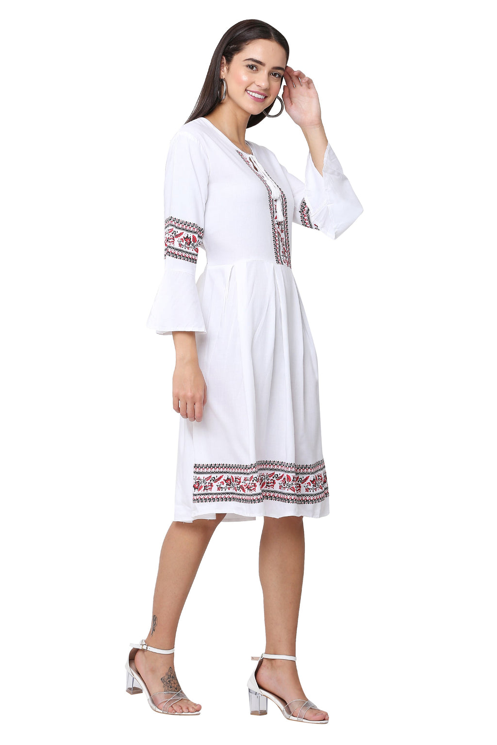 PAVONINE White Color Rayon Fabric Printed Short Midi For Girls | Grocsy